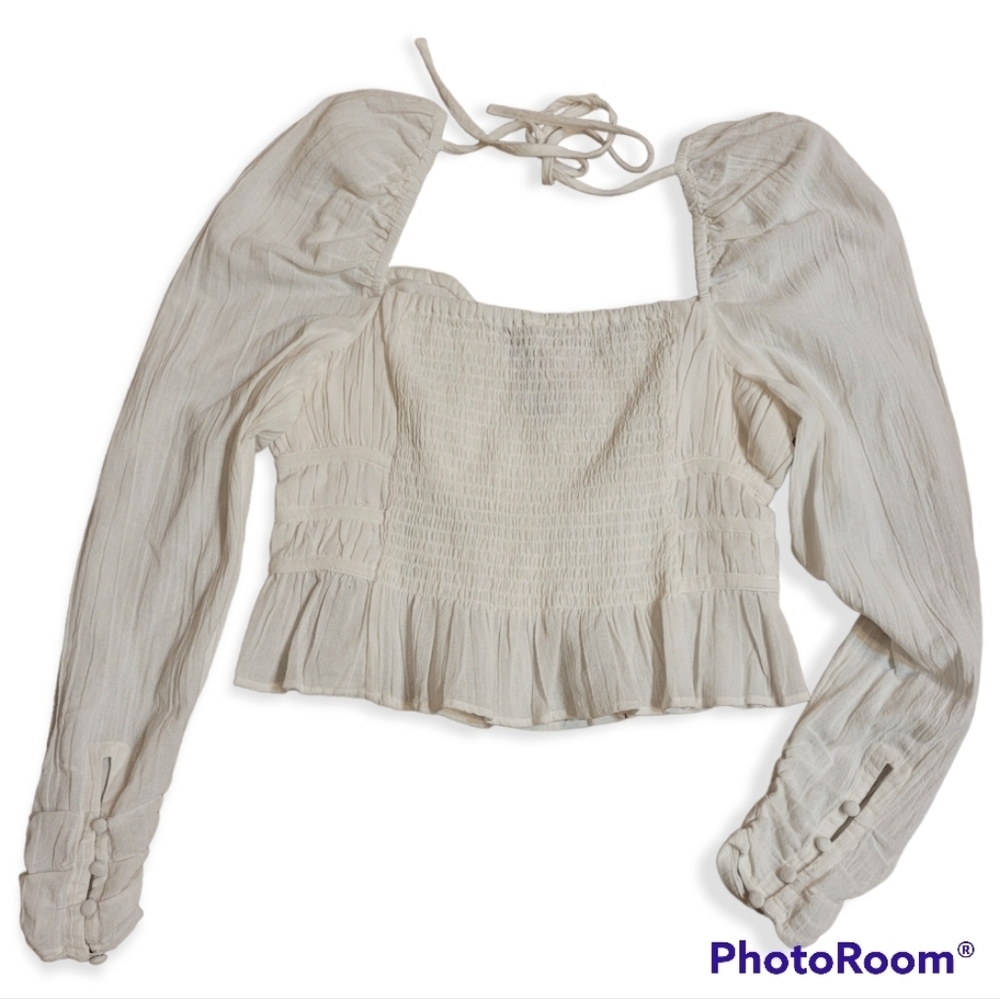 NWT Free People Chloe White Smocked Tie Neck Puff Sleeve Top M - Picture 6 of 16